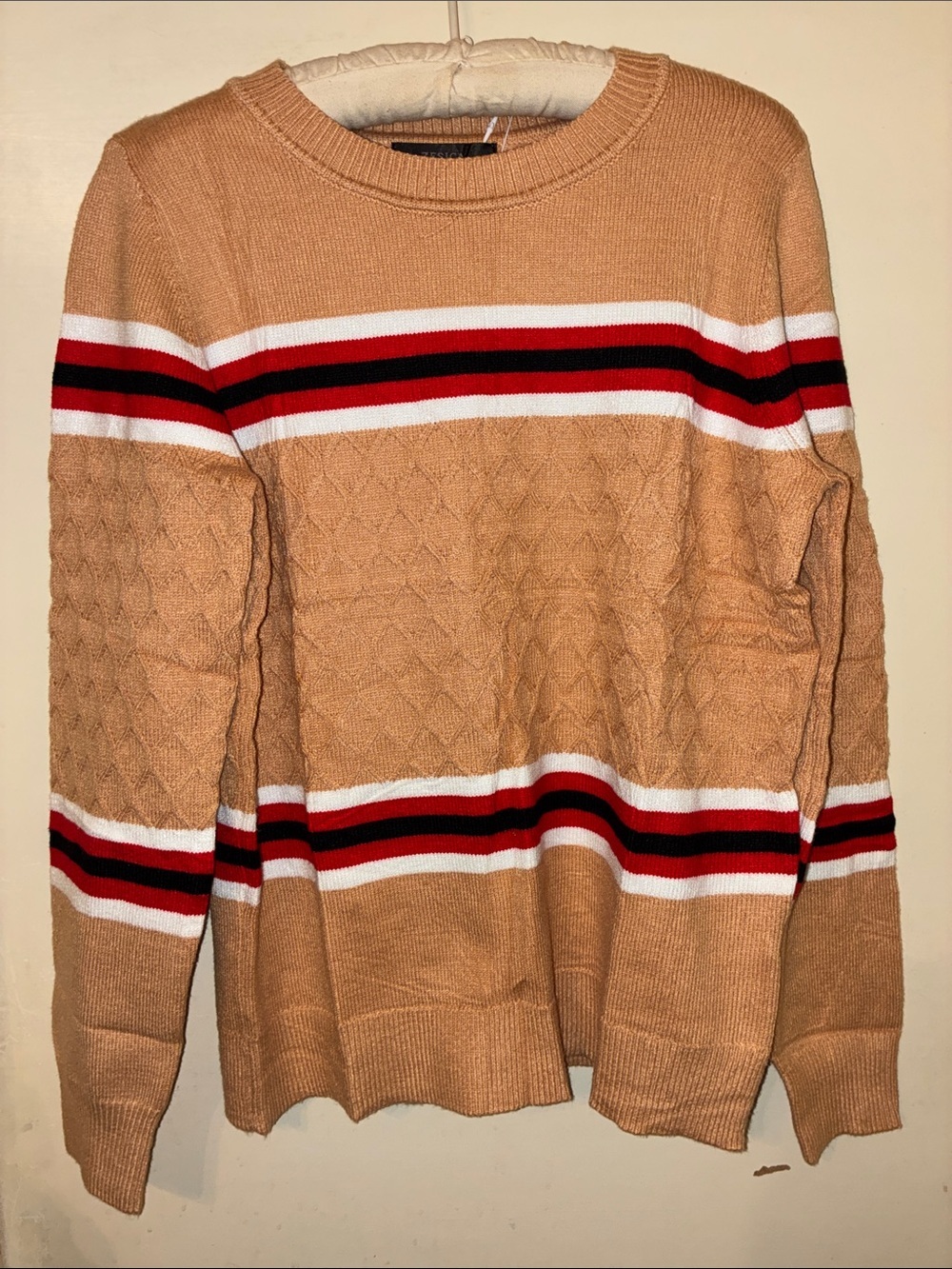 NWT Zesica Woman’s Tan Striped Textured Knit Sweater |Cozy Fall Pullover medium
